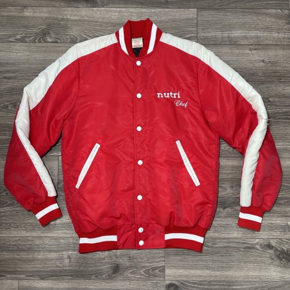 VTG CCM Bomber Jacket Mens S Red White Varsity Retro Nutri Chef Baseball 70s 80s
